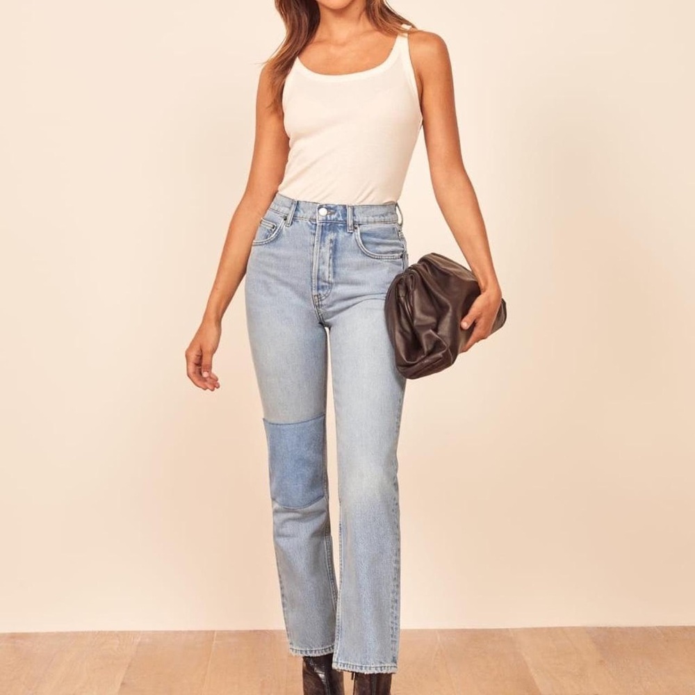 Reformation // Cynthia high rise relaxed patchwork denim